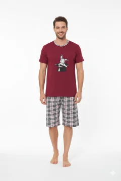 Pijama bărbat din bumbac, mânecă scurtă și pantaloni 3/4, imprimeu iepure, rosu