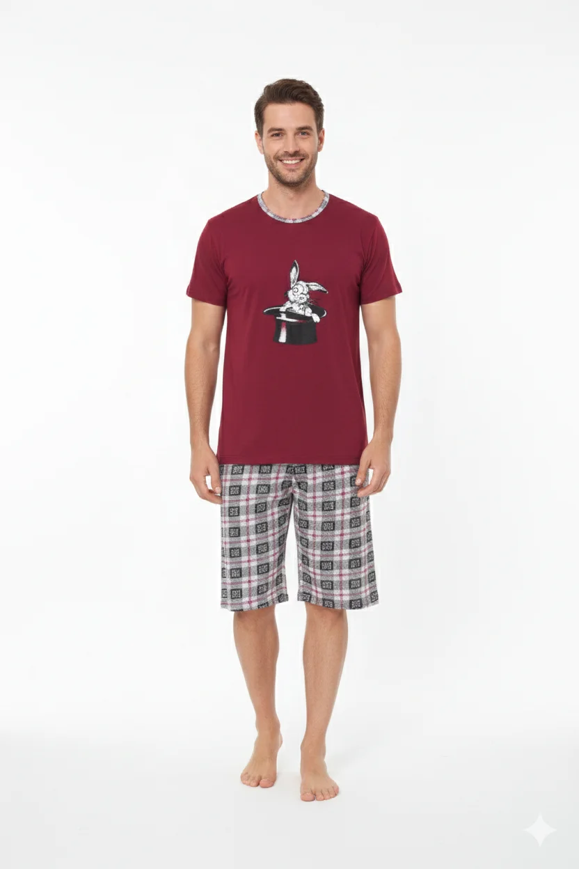 Pijama bărbat din bumbac, mânecă scurtă și pantaloni 3/4, imprimeu iepure, rosu