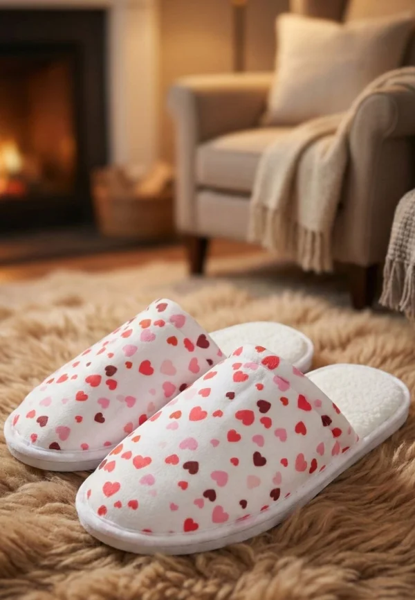 Papuci de casă damă albi cu inimioare și puf