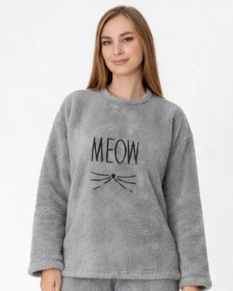 Pijamale damă cocolino roz pudră cu imprimeu „Meow”