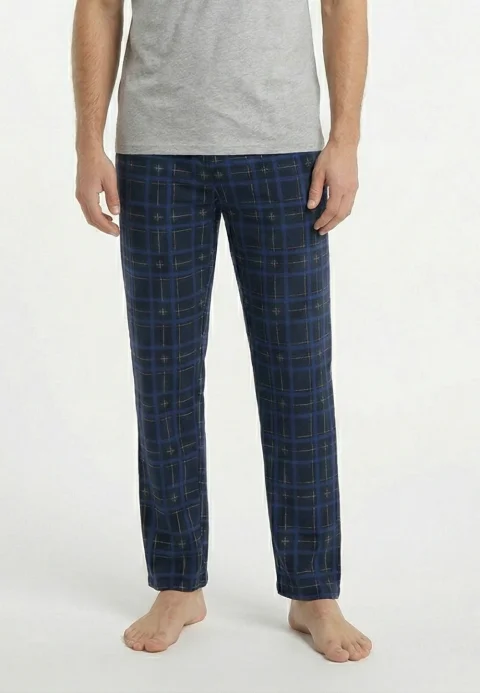 Pantaloni lungi de pijama bărbătești cu elastic în talie, culoare negru cu dungi albastre