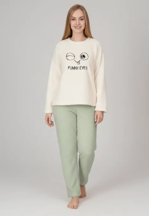 Pijamale damă cocolino alb și verde deschis cu imprimeu „Funny Eyes”