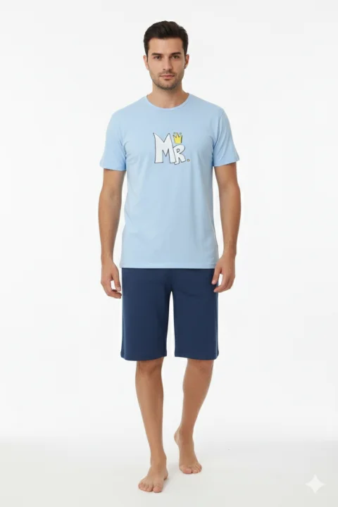Pijama familie-bărbați, bumbac, mânecă scurtă și pantaloni 3/4 , culoare albastru