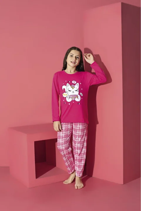 Pijama Fete, Mânecă Lungă, Pantaloni Lungi, Imprimeu Pisicuta, Roz