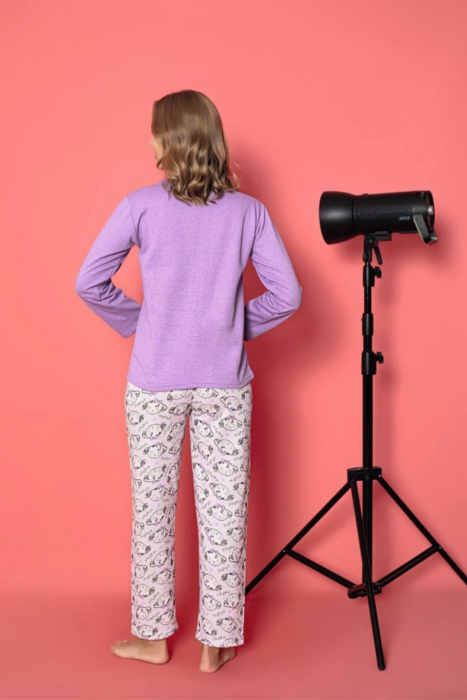 Pijama damă vătuită cu mânecă lungă și pantaloni lungi din bumbac, imprimeu Cute, Pretty