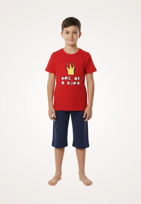 Pijama familie-copii, bumbac, mânecă scurtă și pantaloni 3/4, roșu