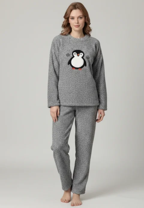 Pijamale damă cocolino gri deschis cu imprimeu pinguin