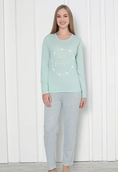 Pijama damă  cu mânecă lungă și pantaloni lungi, imprimeu ,,You Are Beautiful'', culoare verde