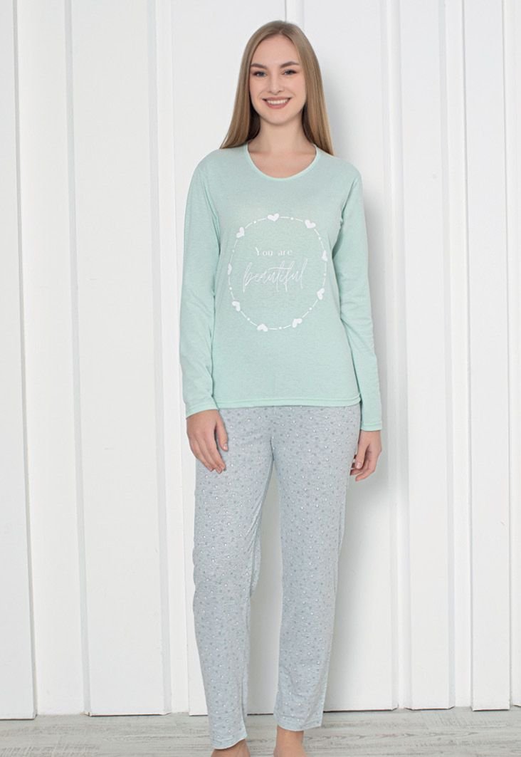 Pijama damă  cu mânecă lungă și pantaloni lungi, imprimeu ,,You Are Beautiful'', culoare verde