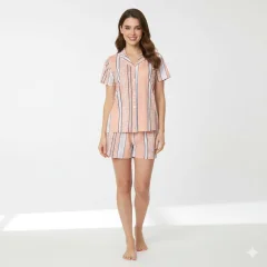 Pijamale damă cu mânecă scurtă si nasturi, pantaloni scurți, imprimeu floral, portocaliu