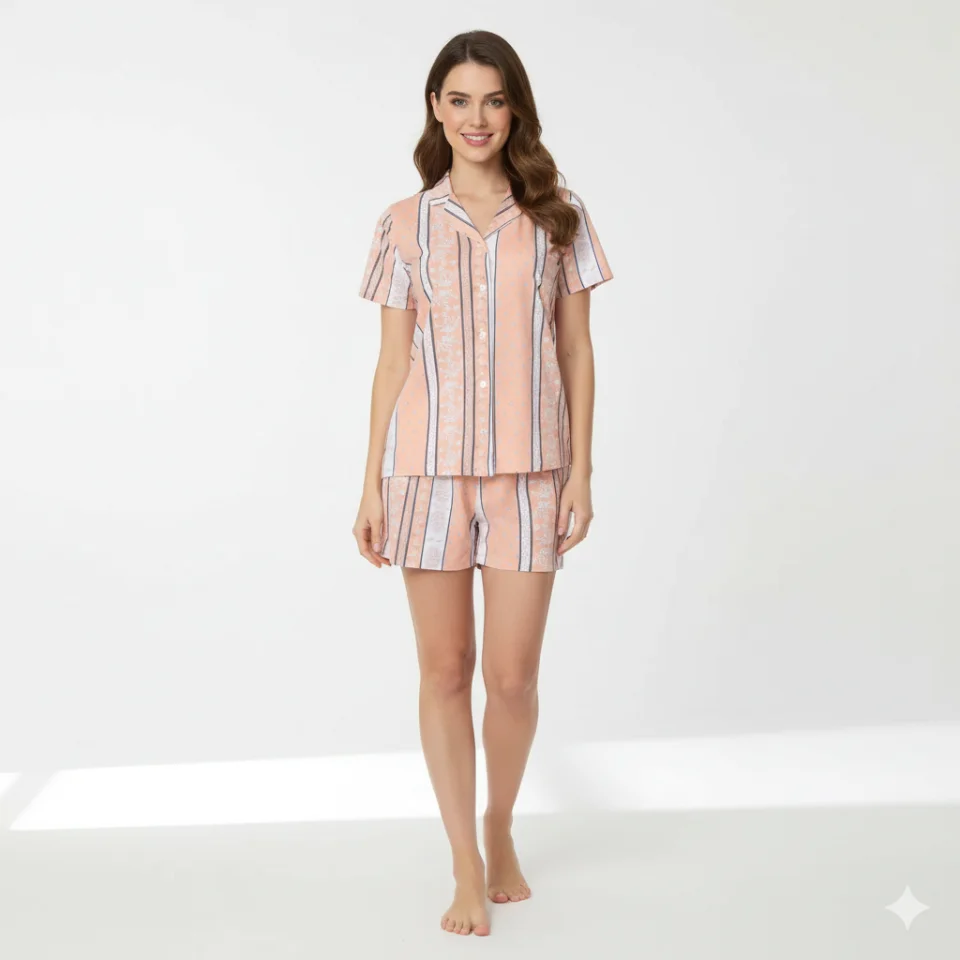 Pijamale damă cu mânecă scurtă si nasturi, pantaloni scurți, imprimeu floral, portocaliu