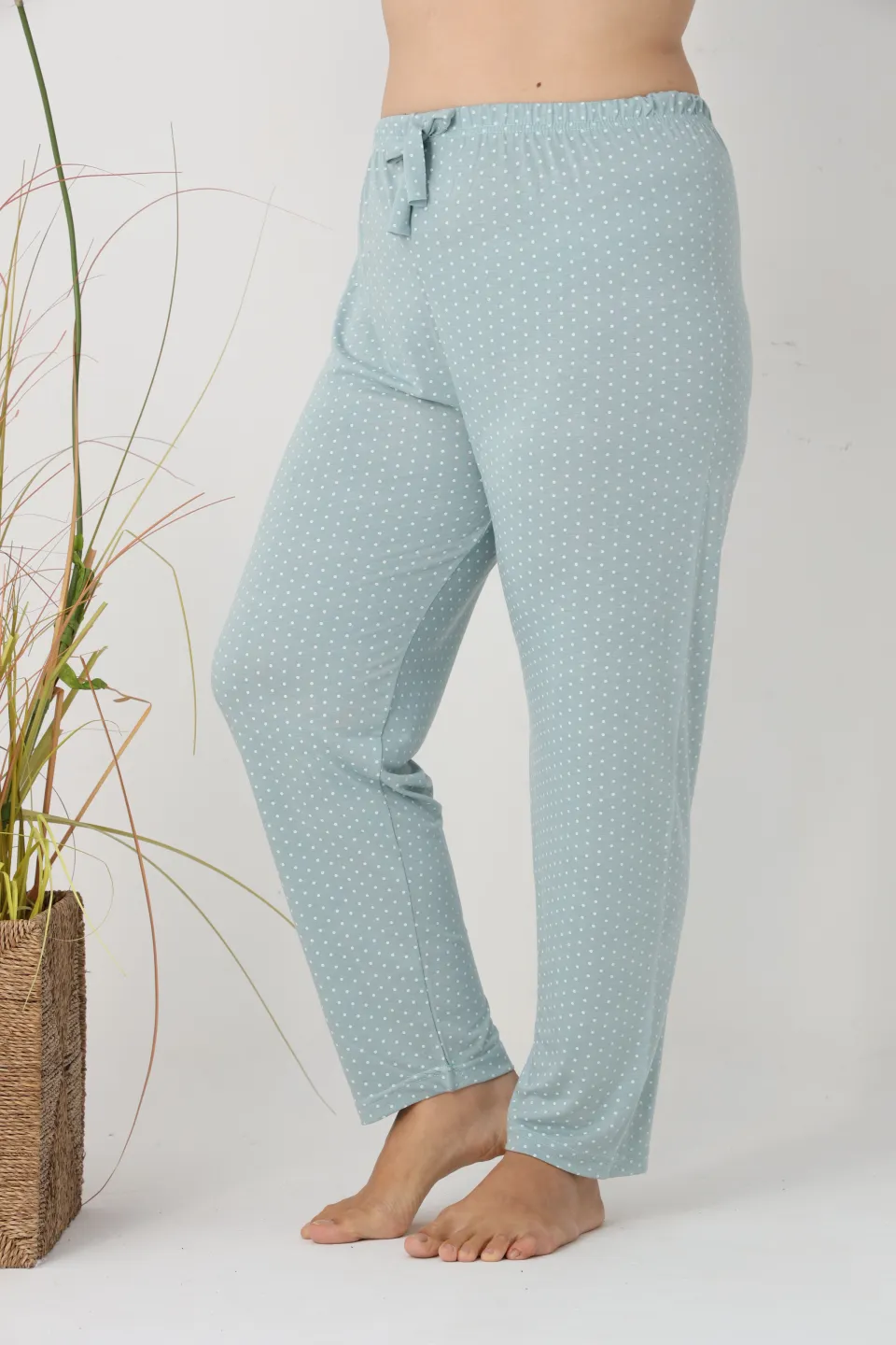 Pantaloni de pijama damă Big Size, verde cu puncte albe