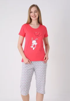 Pijama damă cu model de Paște, roz – tricou bumbac și pantaloni 3/4
