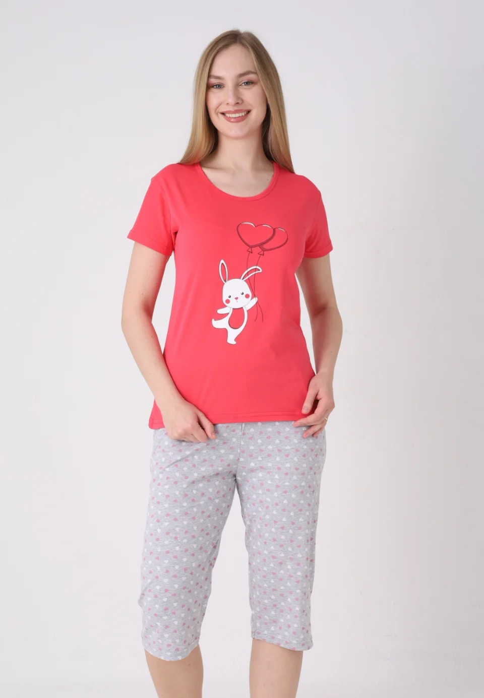 Pijama damă cu model de Paște, roz – tricou bumbac și pantaloni 3/4