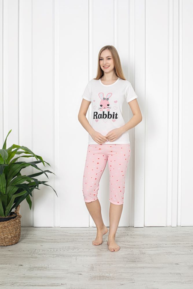 Pijama dama din bumbac cu imprimeu "Rabbit", maneca scurta si pantaloni 3/4, alb