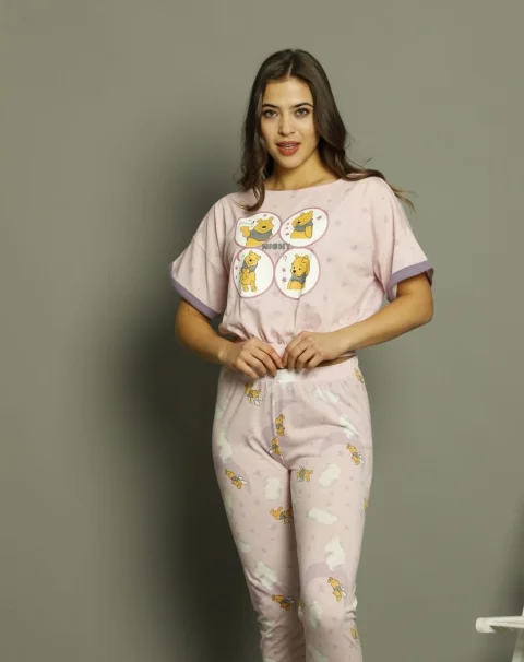 Pijama damă, cu mânecă scurtă și pantaloni lungi din bumbac, imprimeu Good Night