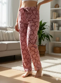 Pantaloni Pijamale Damă – Roz Pufos cu Inimi Roșii