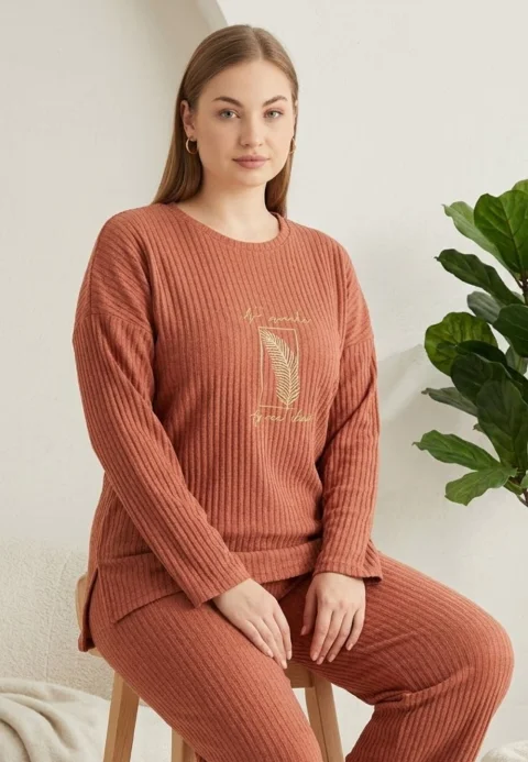 Pijama damă, mânecă lungă și pantaloni lungi, din bumbac, culoare portocaliu