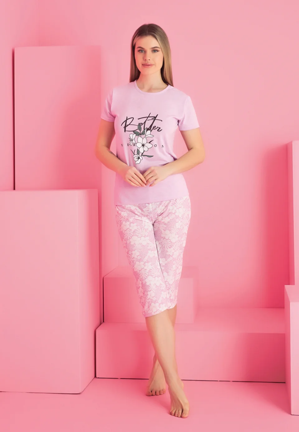 Pijama damă bumbac – tricou și pantaloni 3/4, imprimeu BETTER