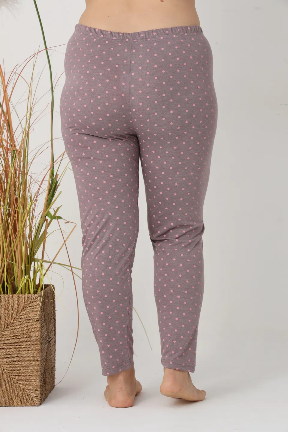 Pantaloni de pijama damă Big Size, gri cu buline roz