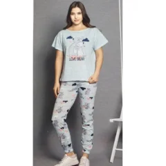 Pijama damă, cu mânecă scurtă și pantaloni lungi din bumbac, imprimeu ,,Love Bear''