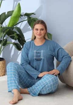 Pijama damă big size albastru închis, imprimeu Pretty Girl, 100% bumbac