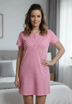 Rochie dama din bumbac, imprimeu buline, maneca scurta pana la genunchi, roz