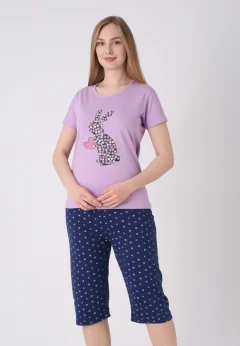 Pijama damă cu model de Paște, mov – tricou bumbac și pantaloni 3/4