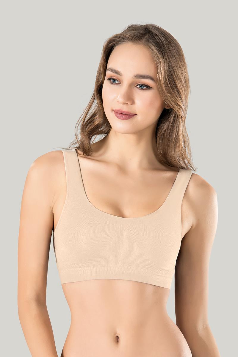 Bustiera dama elastica cu bretele groase, material lejer si elastic, culoare bej