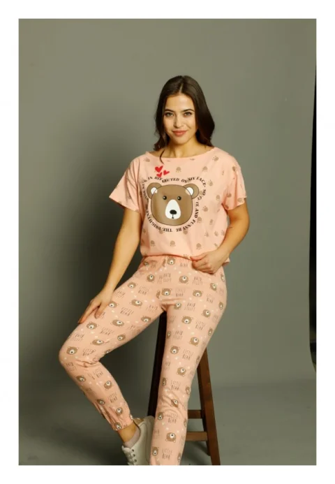 Pijama dama din bumbac Serena cu imprimeu ursulet, maneca scurta si pantaloni lungi