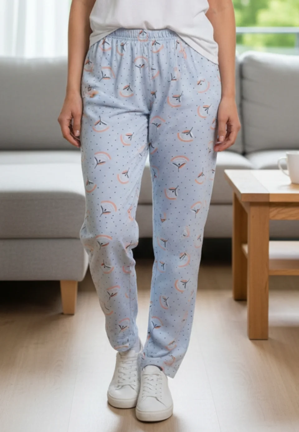 Pantaloni de pijama damă Big Size, turcoaz cu flori portocalii