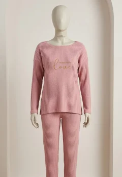 Pijama damă, mânecă lungă și pantaloni lungi cu imprimeu Love, roz