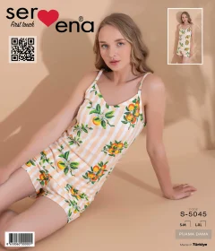 Pijama damă, 100% bumbac, maiou și short, imprimeu lamai