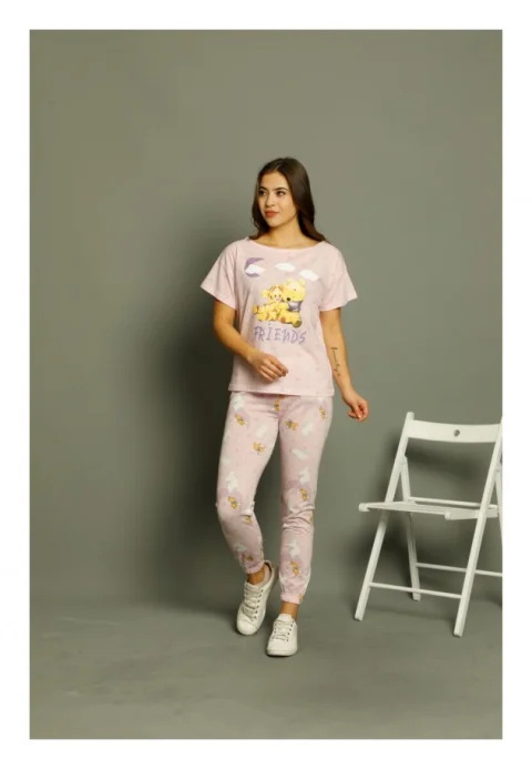 Pijama dama din bumbac Serena cu imprimeu ,,Friends'', maneca scurta si pantaloni lungi