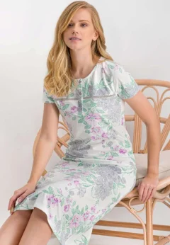 Rochie damă,  mânecă scurtă  și decolteu rotund, imprimeu floral, crem