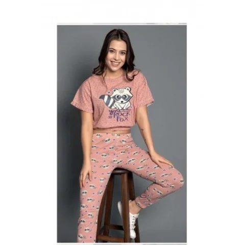 Pijama damă, cu mânecă scurtă și pantaloni lungi din bumbac, imprimeu ,,You Rock Fox''