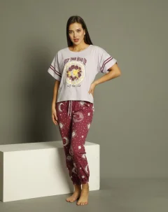 Pijama damă, cu mânecă scurtă și pantaloni lungi din bumbac, imprimeu Blessed And Grateful