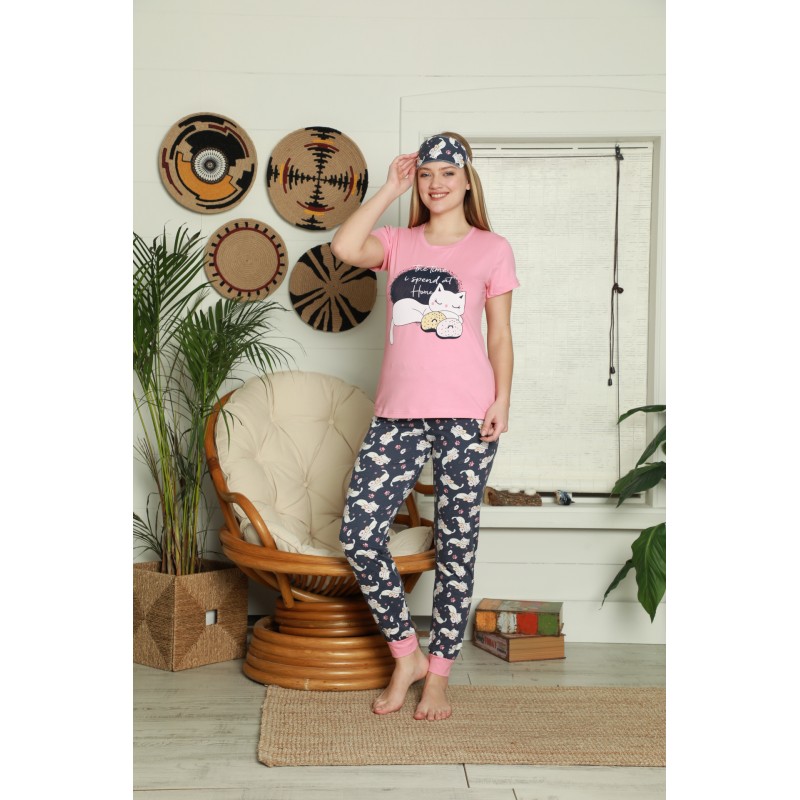 Pijama pentru Dama cu Imprimeu Pisicuță - Set de Primăvară