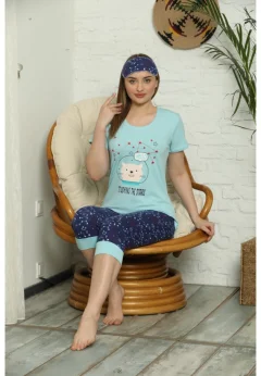 Pijama pentru dama, maneca scurta, pantaloni 3/4 cu imprimeu Stars - Set de Primăvară