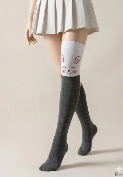 Șosete Damă Peste Genunchi cu Iepuraș – Gri și Alb
