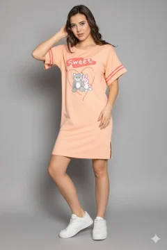 Rochie casual damă cu mânecă scurtă, până la genunchi, imprimeu Sweet, portocaliu