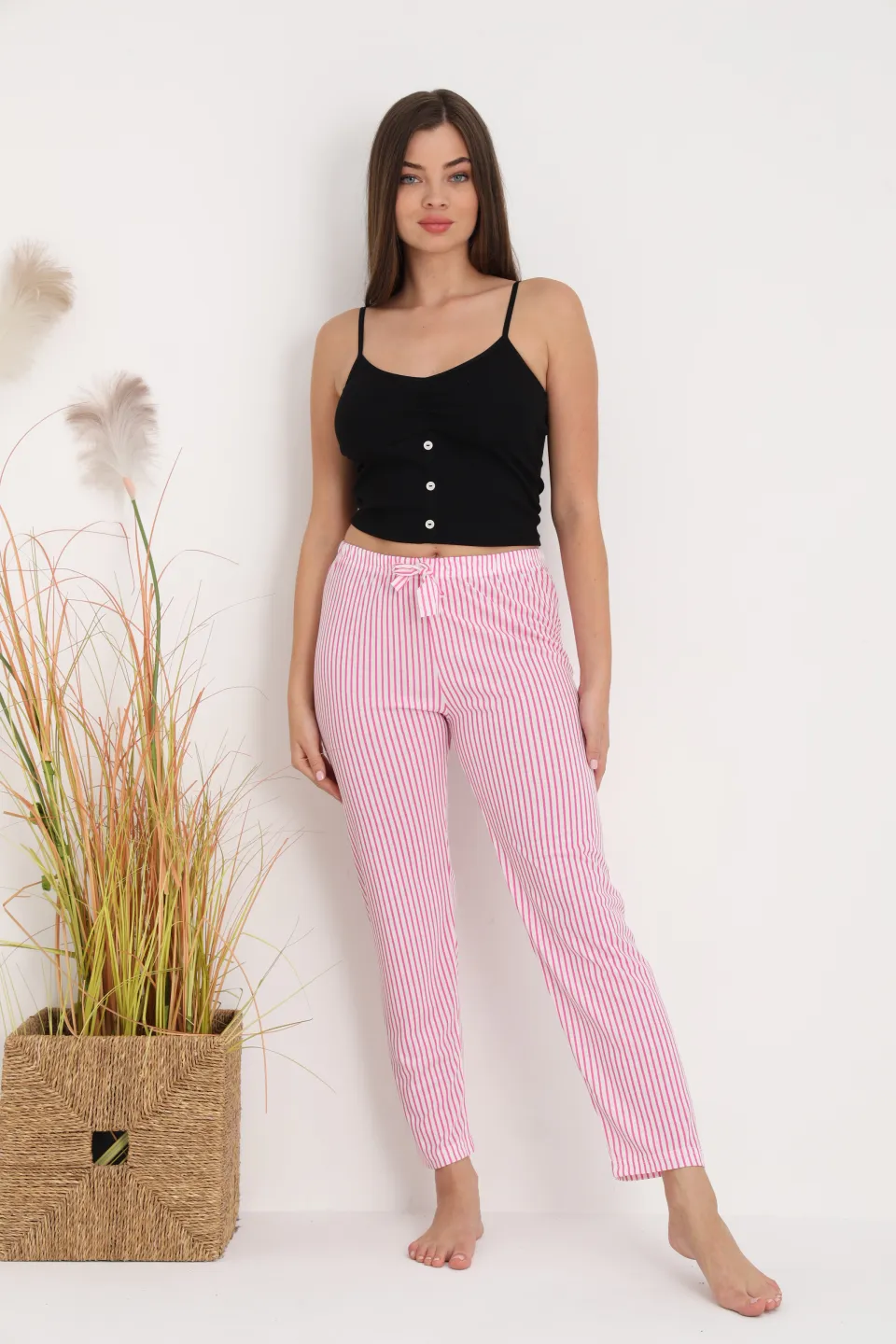 Pantaloni de pijama damă cu dungi roz și albe