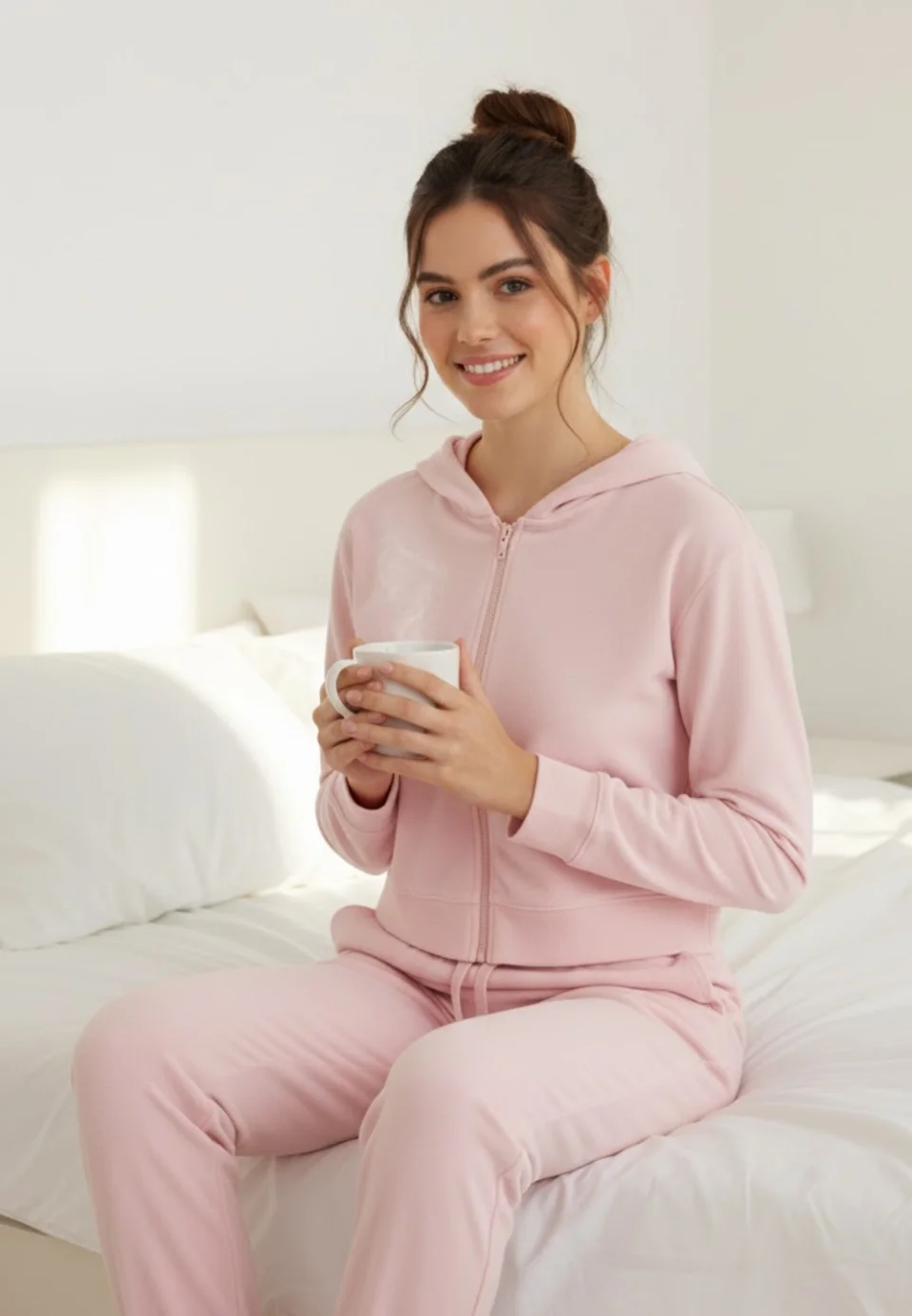 Trening dama din bumbac, maneca lunga si pantaloni lungi, roz