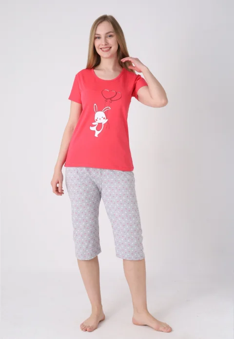 Pijama damă cu model de Paște, roz – tricou bumbac și pantaloni 3/4