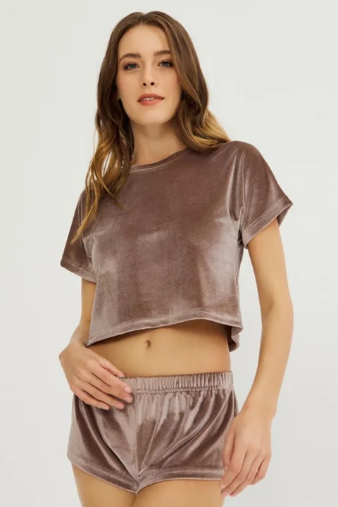 Set damă Cottonhill, tricou și short din catifea, Cafeniu