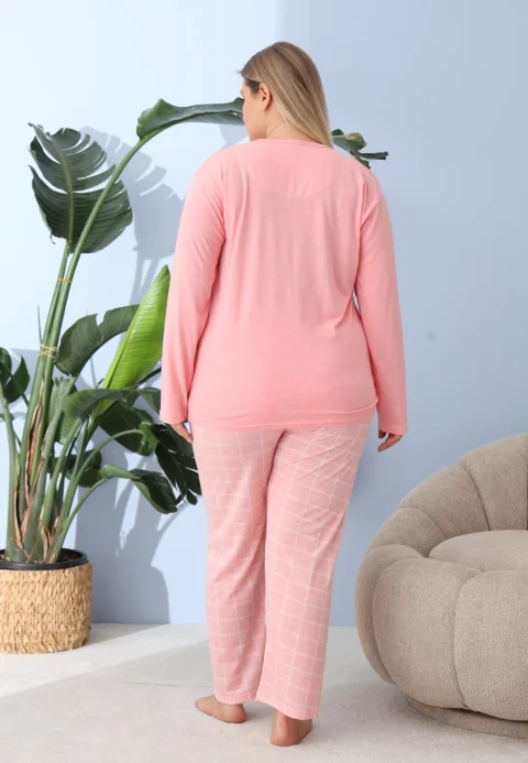 Pijama damă big size roz piersică, imprimeu Happy Saturday, 100% bumbac