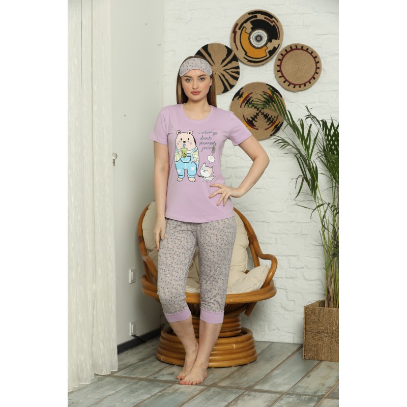 Pijama pentru Dama cu Imprimeu Ursuleț -tricou si pantaloni 3/4