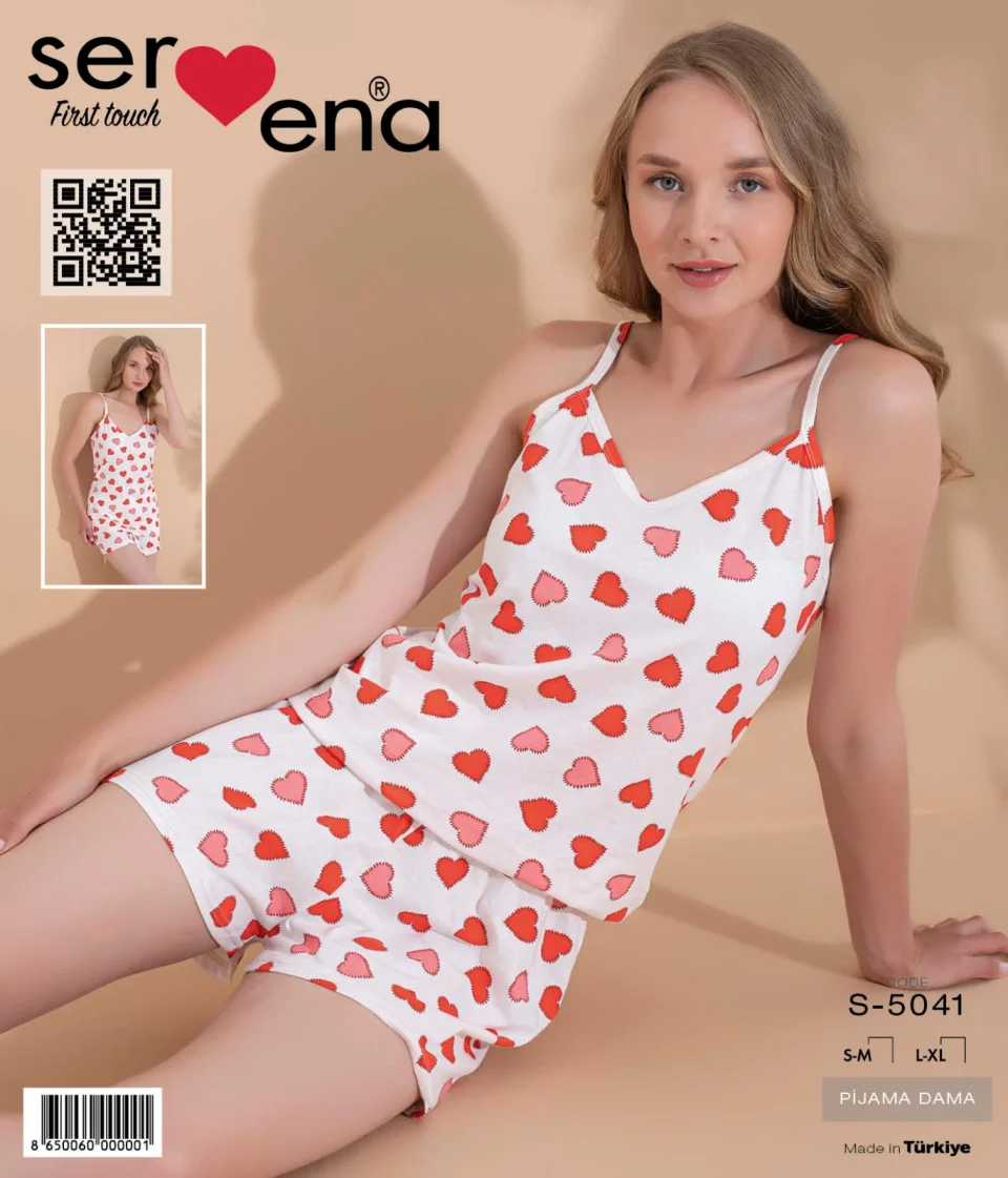 Pijama damă, 100% bumbac, maiou și short, imprimeu inimi