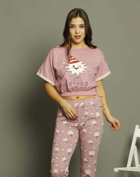 Pijama damă, cu mânecă scurtă și pantaloni lungi din bumbac, imprimeu Cute Little Stars