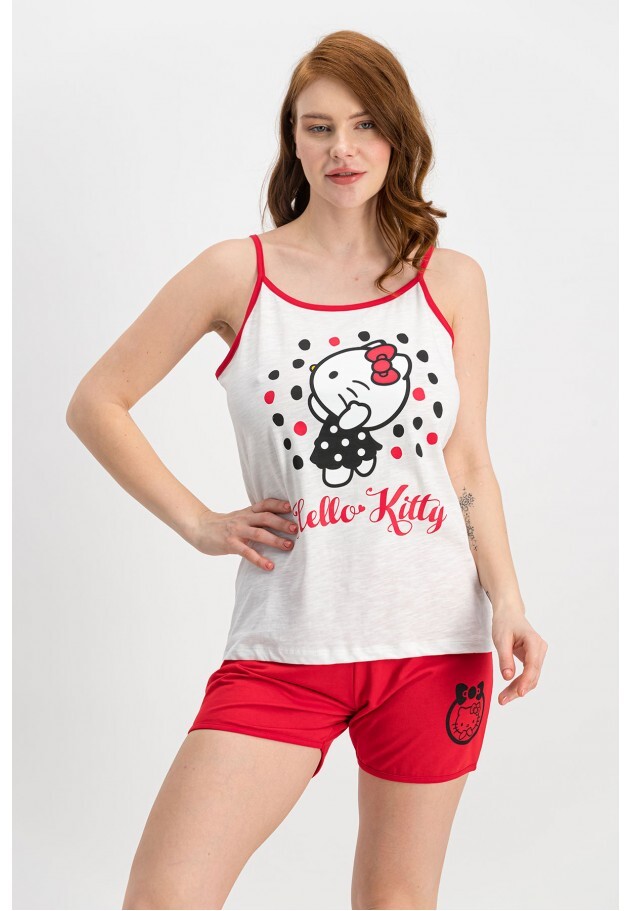 Pijama damă „Hello Kitty” – maiou alb și pantaloni scurți roșii, 100% bumbac